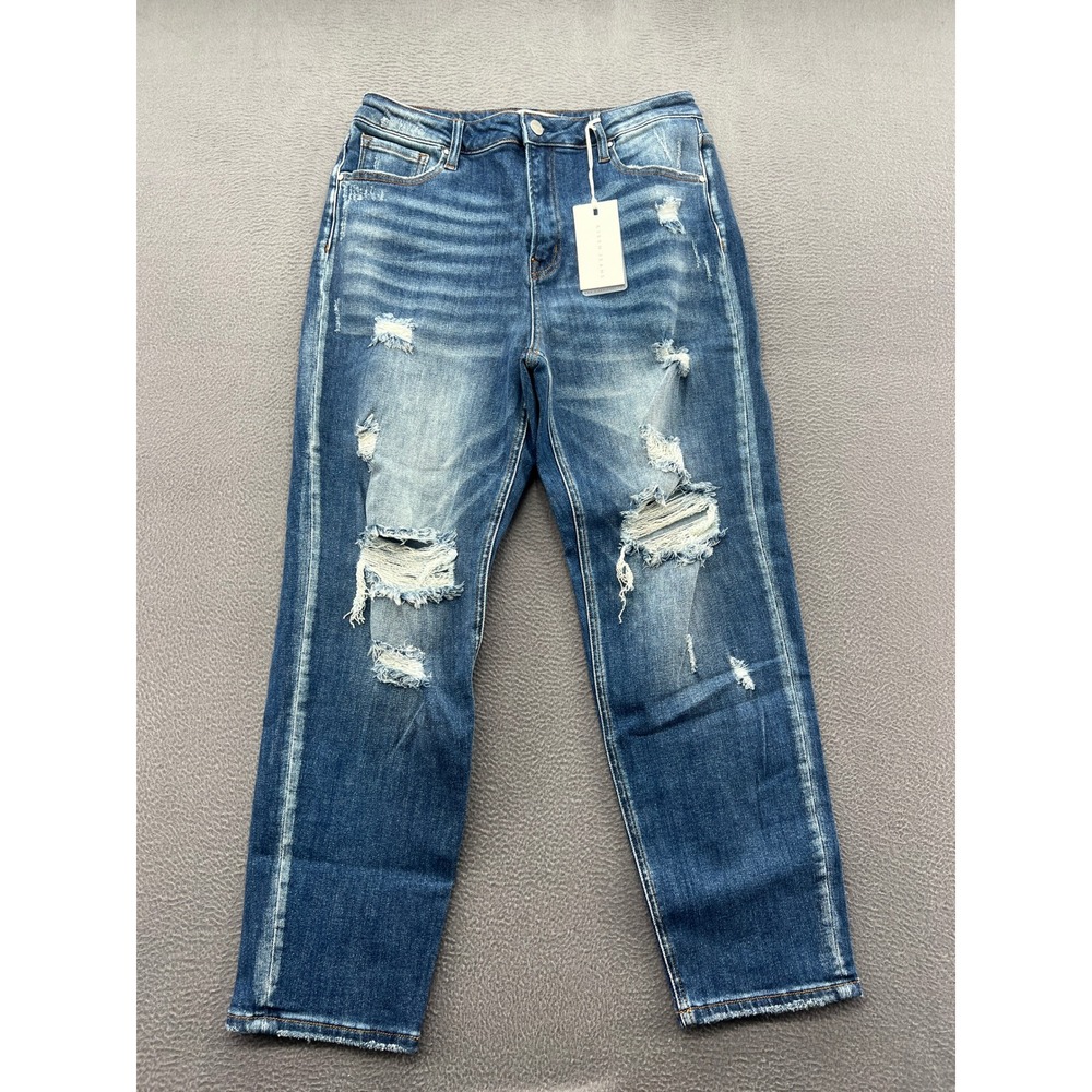 Risen Jeans Womens 31 High Rise Tapered Distressed Denim Blue Medium Wash NWT